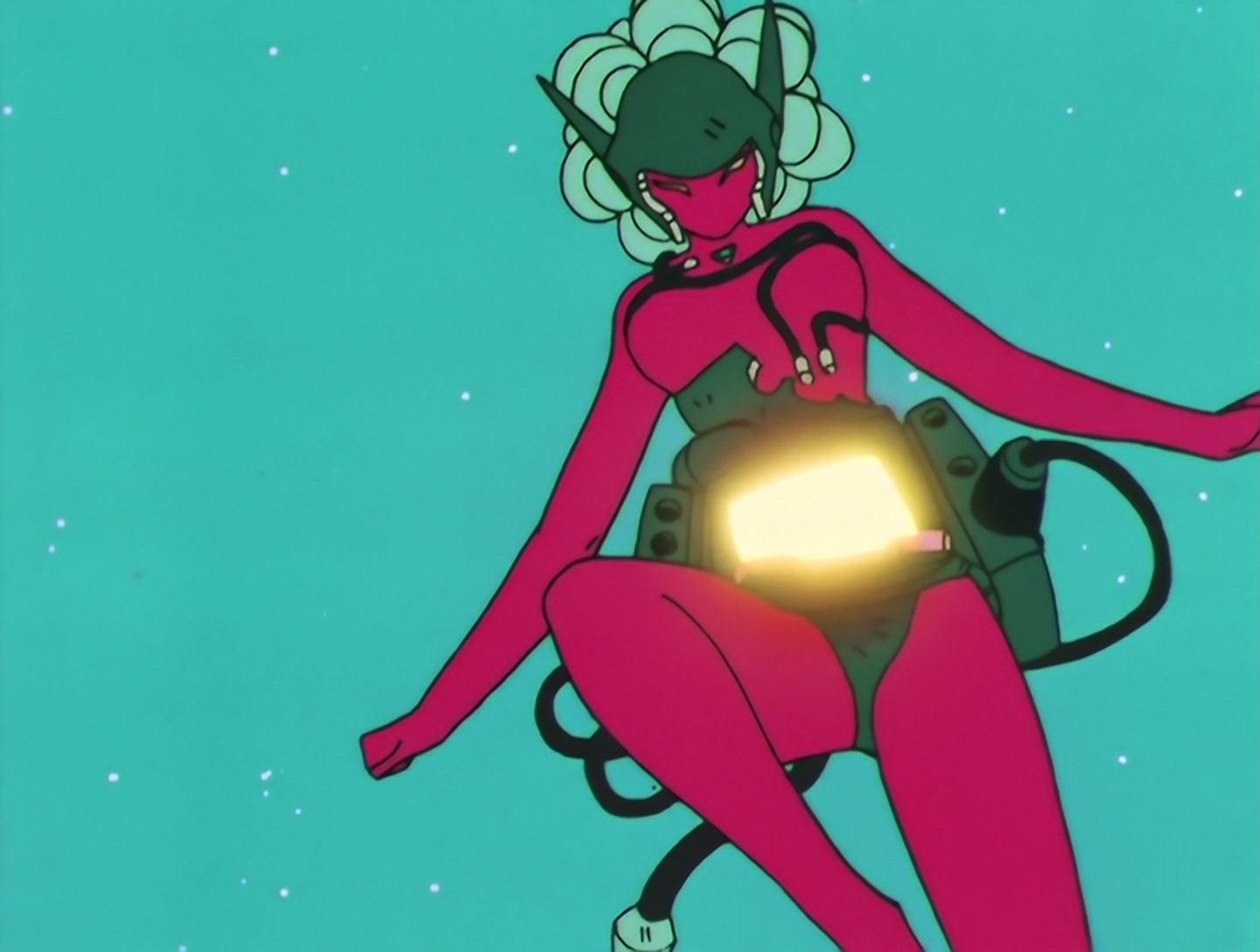 Rangy, a Daimon from Sailor Moon episode 127. She loosely resembles an Undifferentiated Daimon, with a magenta body and yellow eyes, but her form is more solid and she lacks facial features aside from the eyes. She wears a metal helmet with two large spikes roughly resembling ears, and pistons protruding from the back. A few metal cables are wrapped around her body, and her abdomen has been replaced with an oven, which is open and glowing.
